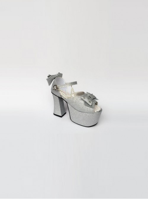 Bead Chain Silvery Sequins Bowknot Lolita Super High Heel Sandals