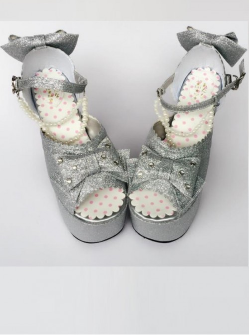 Bead Chain Silvery Sequins Bowknot Lolita Super High Heel Sandals