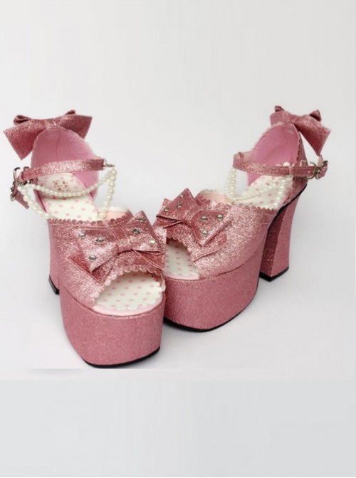 Bead Chain Pink Sequins Bowknot Lolita Super High Heel Sandals