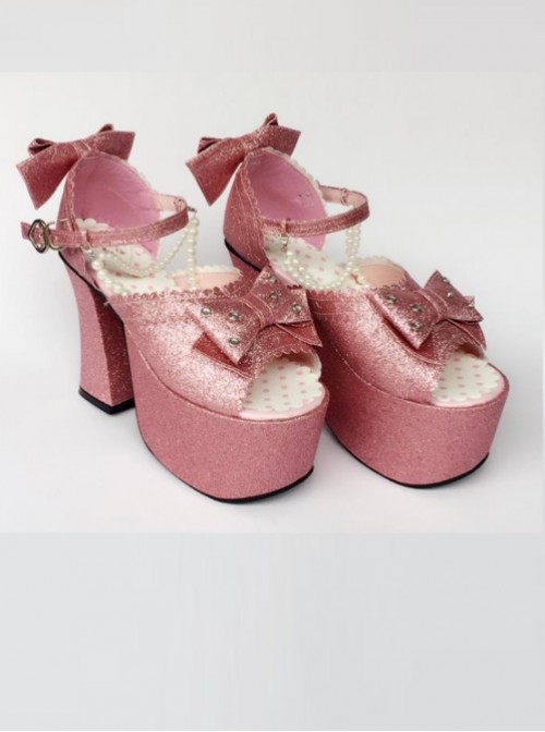 Bead Chain Pink Sequins Bowknot Lolita Super High Heel Sandals