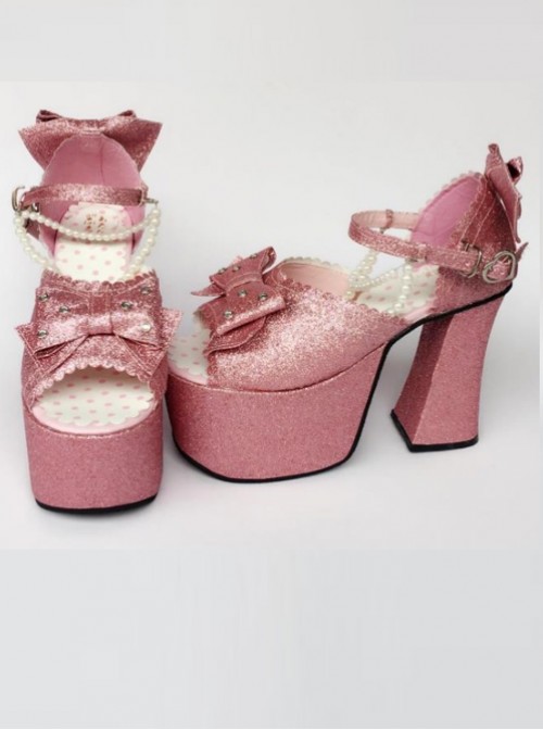 Bead Chain Pink Sequins Bowknot Lolita Super High Heel Sandals