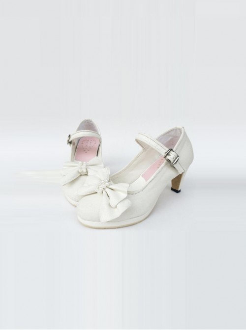 White Pearl Bowknot White Lolita High Heel Shoes