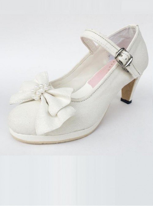 White Pearl Bowknot White Lolita High Heel Shoes