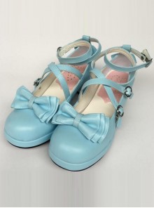 Bowknot Circular Buckle Lake Blue Matte Lolita Low Heel Shoes