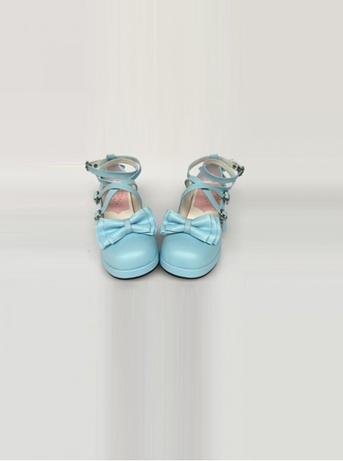 Bowknot Circular Buckle Lake Blue Matte Lolita Low Heel Shoes