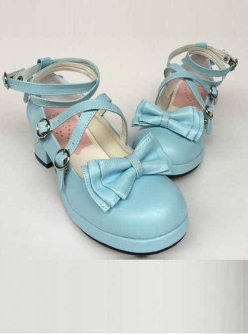 Bowknot Circular Buckle Lake Blue Matte Lolita Low Heel Shoes