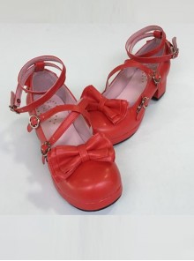 Bowknot Circular Buckle Watermelon Red Matte Lolita Low Heel Shoes