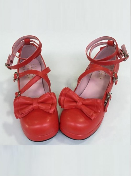 Bowknot Circular Buckle Watermelon Red Matte Lolita Low Heel Shoes