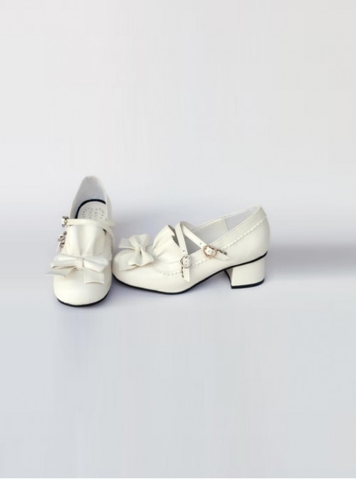 White Matte Bowknot Flounced Cute Sweet Lolita High Heel Shoes