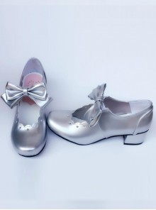 Silver Bowknot Heart-shaped Hollow Out Bride Shoe Lolita Middle-heel Shoes