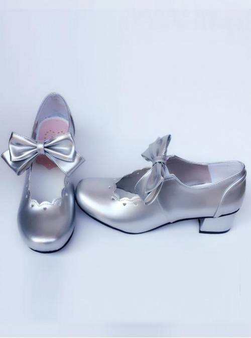 Silver Bowknot Heart-shaped Hollow Out Bride Shoe Lolita Middle-heel Shoes