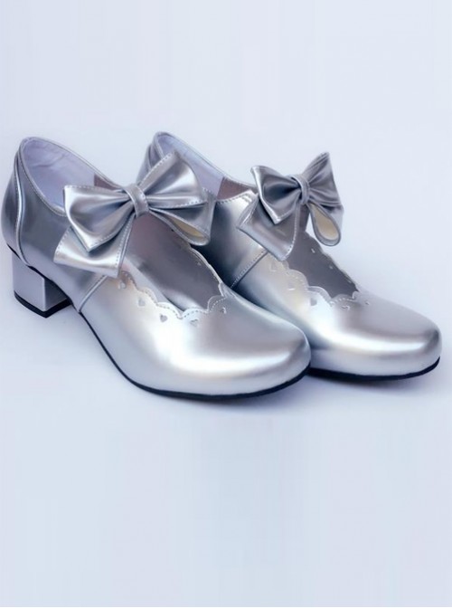 Silver Bowknot Heart-shaped Hollow Out Bride Shoe Lolita Middle-heel Shoes