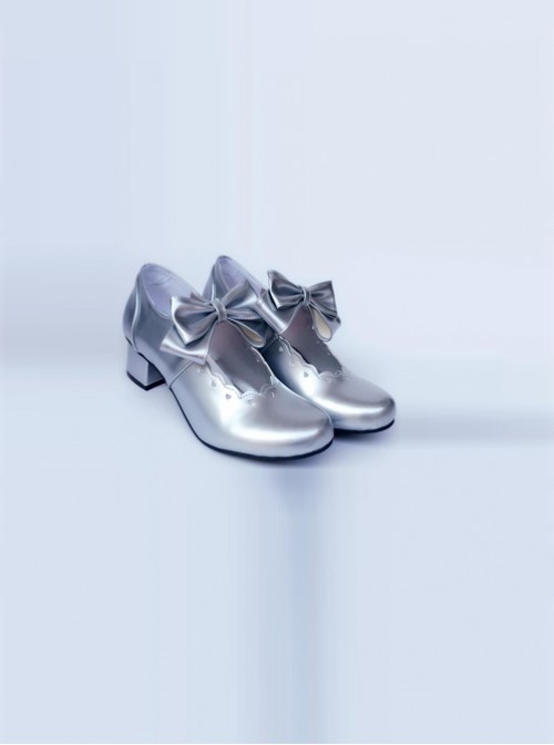 Silver Bowknot Heart-shaped Hollow Out Bride Shoe Lolita Middle-heel Shoes