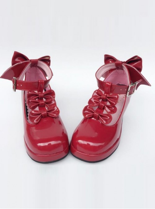 Red T-shaped Band Bowknot Sweet Lolita Platform Shoes