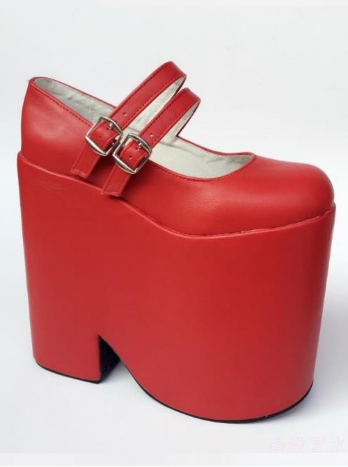 Two Buckles Pure Red Lolita Super High Heel Shoes