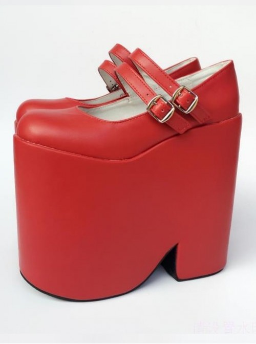 Two Buckles Pure Red Lolita Super High Heel Shoes