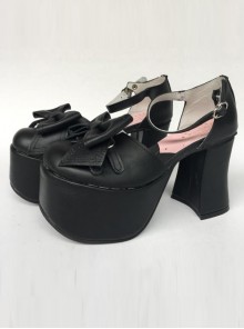 Concise Black Bowknot Leather Lolita High Heel Shoes