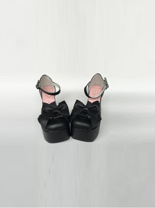 Concise Black Bowknot Leather Lolita High Heel Shoes