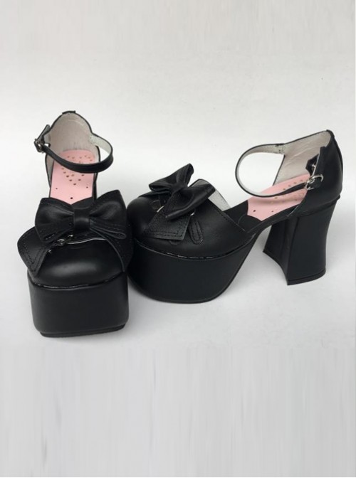 Concise Black Bowknot Leather Lolita High Heel Shoes