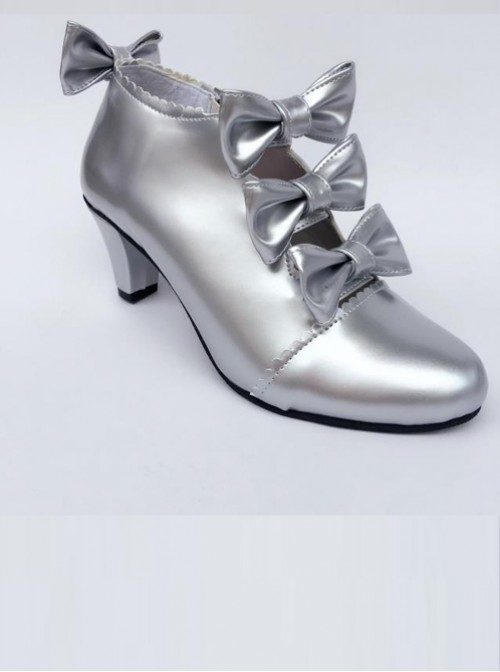 Bowknot Silver Zipper High Upper Lolita High Heel Ankle Boots