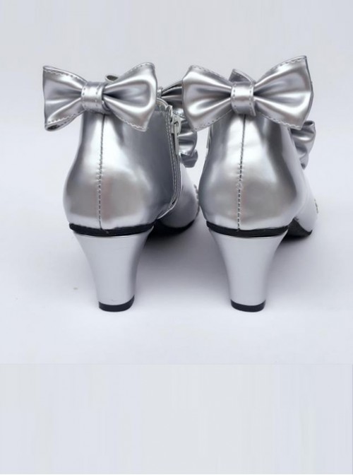 Bowknot Silver Zipper High Upper Lolita High Heel Ankle Boots