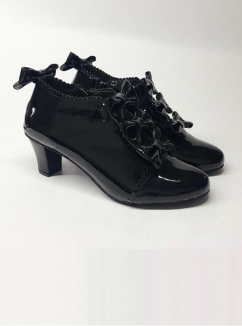 Bowknot Black Mirror Face Zipper High Upper Lolita High Heel Ankle Boots