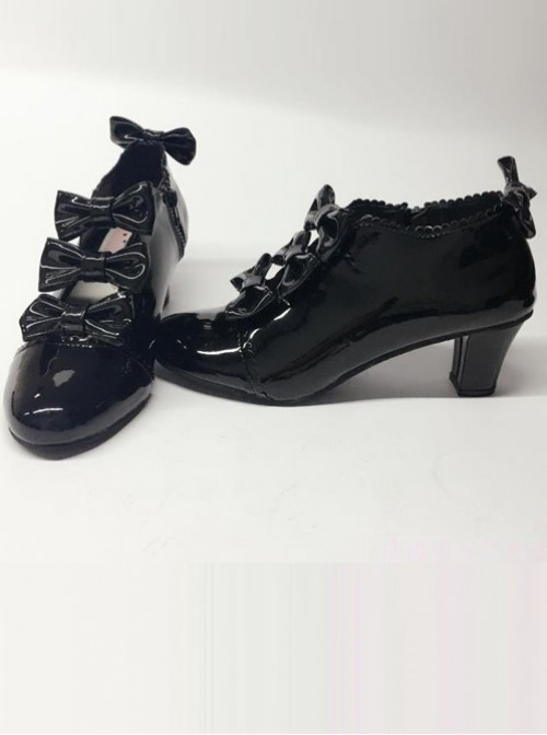 Bowknot Black Mirror Face Zipper High Upper Lolita High Heel Ankle Boots