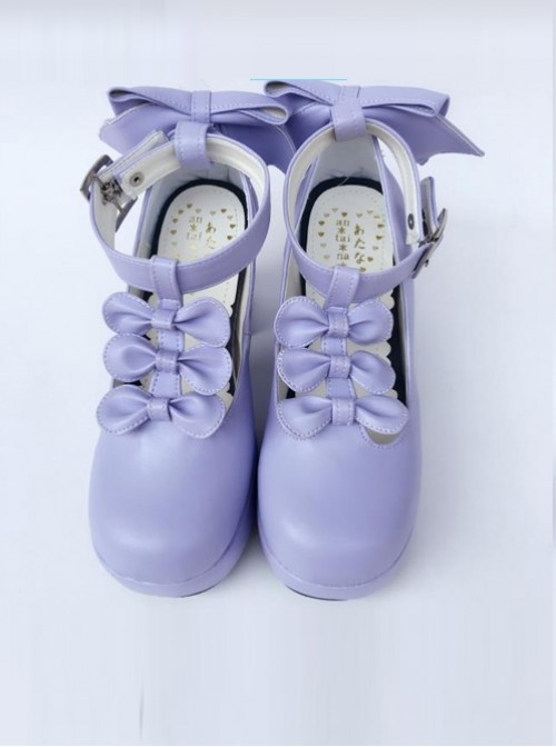 T-shaped Buckles Violet Matte Bowknot Lolita High Heel Shoes