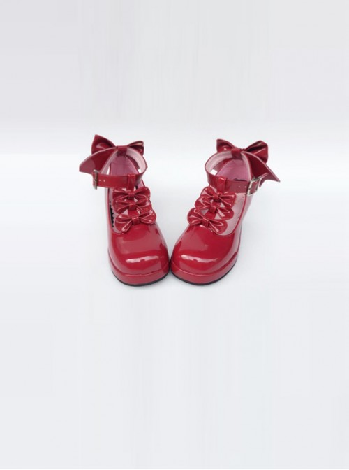 T-shaped Buckles Wine Red Mirror Face Bowknot Lolita High Heel Shoes