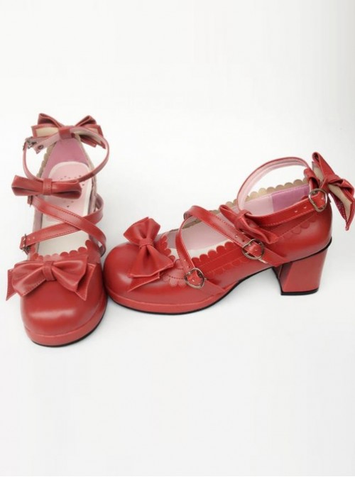 Wine Red Matte Bowknot Lolita High Heel Shoes