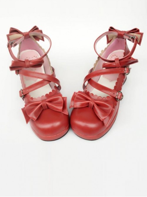 Wine Red Matte Bowknot Lolita High Heel Shoes