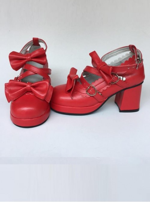 Red Matte Bowknot Lolita High Heel Shoes