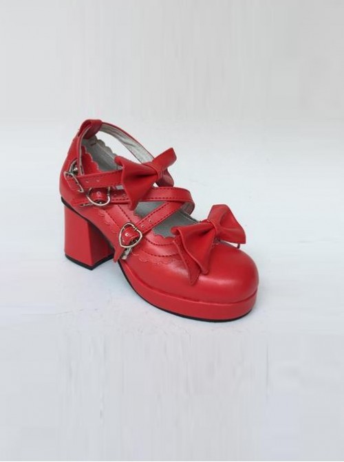 Red Matte Bowknot Lolita High Heel Shoes