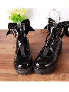 Black Patent Leather Cute Bowknot Lolita Round-toe High Heel Shoes- 5cm