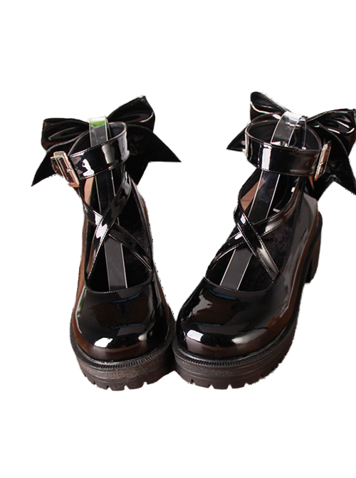 Black Patent Leather Cute Bowknot Lolita Round-toe High Heel Shoes- 5cm
