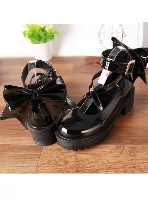 Black Patent Leather Cute Bowknot Lolita Round-toe High Heel Shoes- 5cm