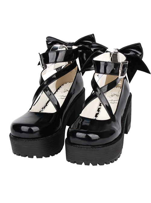 Black Patent Leather Cute Bowknot Lolita Round-toe High Heel Shoes- 8cm