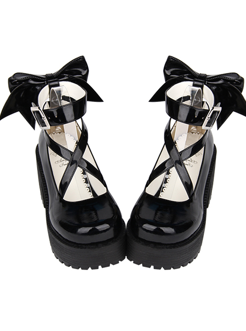 Black Patent Leather Cute Bowknot Lolita Round-toe High Heel Shoes- 8cm