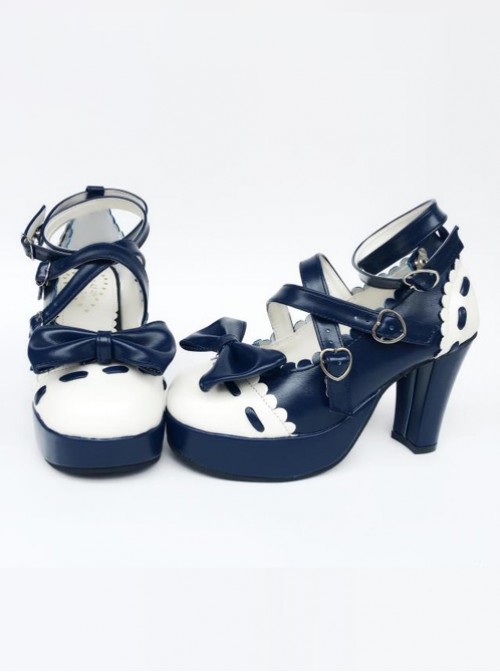Ultramarine Bowknot Wavy Lace Lolita High Heel Shoes