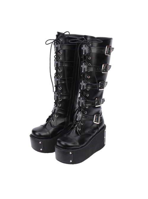 Black Punk Crucifix Adornment Lolita Super High Platform Boots