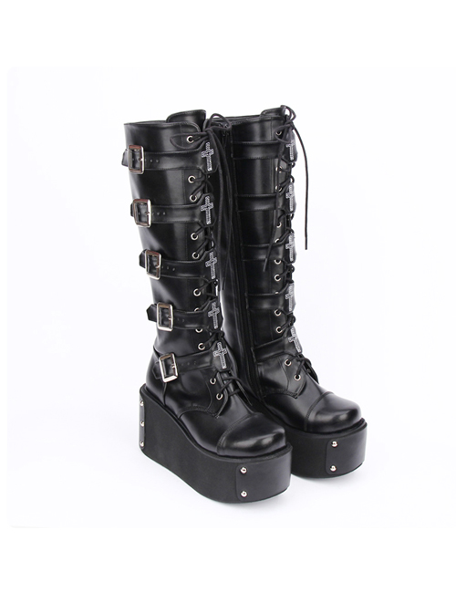 Black Punk Crucifix Adornment Lolita Super High Platform Boots