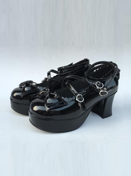 The Tea Party Black Bowknot Mirror Face Lolita High Heel Shoes