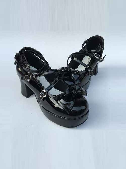 The Tea Party Black Bowknot Mirror Face Lolita High Heel Shoes