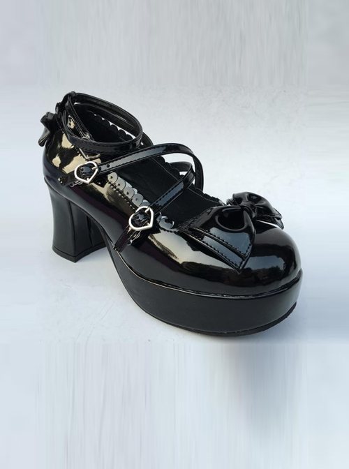 The Tea Party Black Bowknot Mirror Face Lolita High Heel Shoes