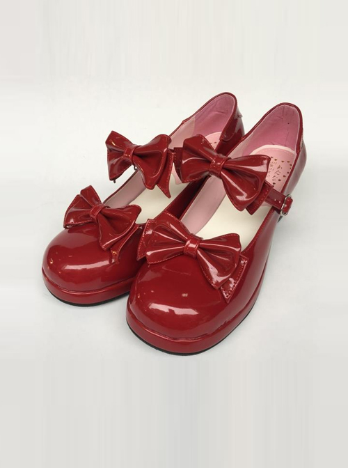 Wine Red Mirror Face Concise Bowknot Lolita High Heel Shoes