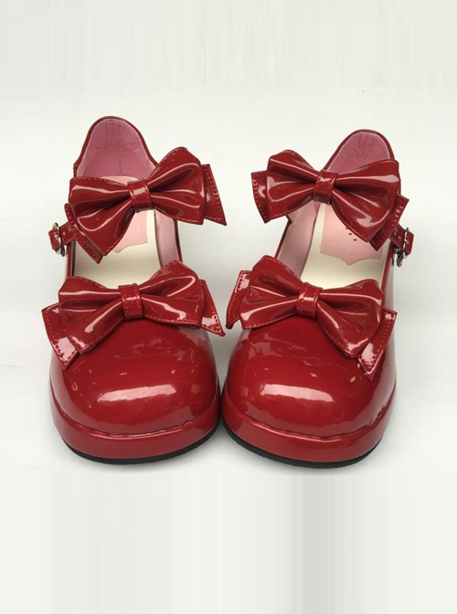 Wine Red Mirror Face Concise Bowknot Lolita High Heel Shoes