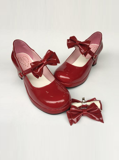 Wine Red Mirror Face Concise Bowknot Lolita High Heel Shoes