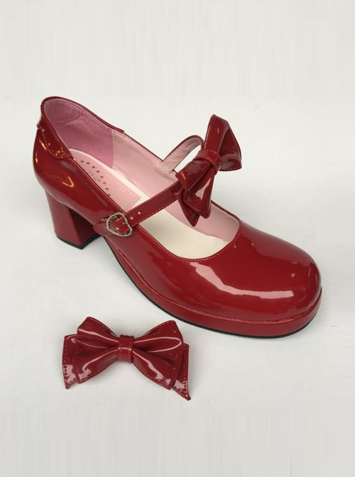 Wine Red Mirror Face Concise Bowknot Lolita High Heel Shoes