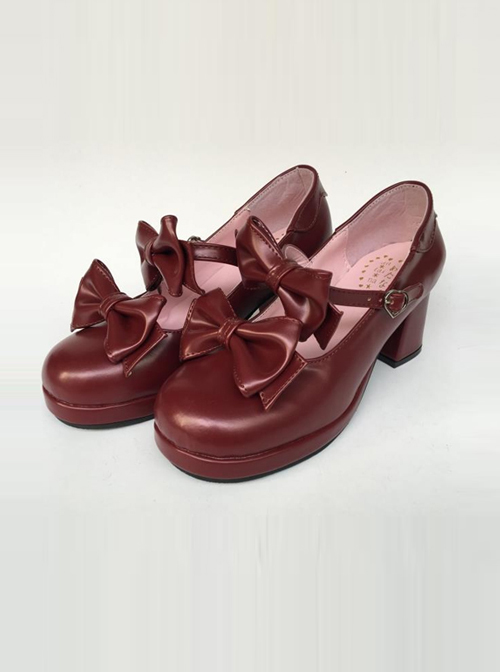 Wine Red Matte Concise Bowknot Lolita High Heel Shoes