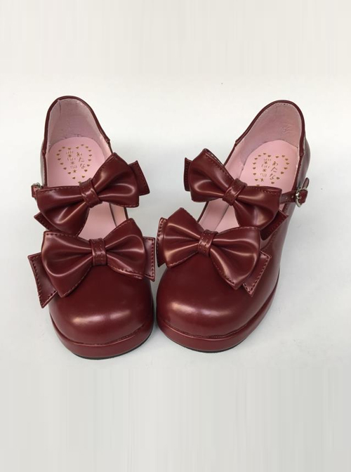 Wine Red Matte Concise Bowknot Lolita High Heel Shoes